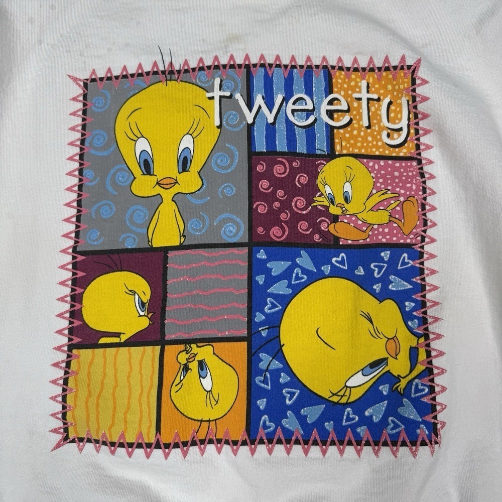 Vintage 90s Fruit Of The Loom Tweety Bird Looney Tunes Sweatshirt White Size XL - Picture 8 of 15